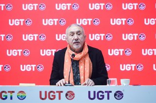 El secretario general de UGT, Pepe Álvarez, durante una rueda de prensa, en la sede de UGT, a 8 de enero de 2026, en Madrid (España)