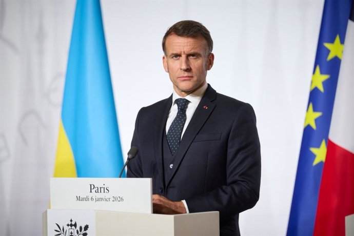 El presidente de Francia, Emmanuel Macron, en una rueda de prensa desde el Eliseo.