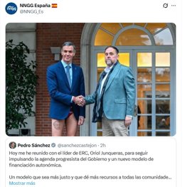 Mensaje de NNGG mostrando a Pedro Sánchez sin pantalones ante Oriol Junqueras