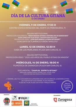 Cartel con la programación para celebrar el Día de la Cultura Gitana en Zaragoza.