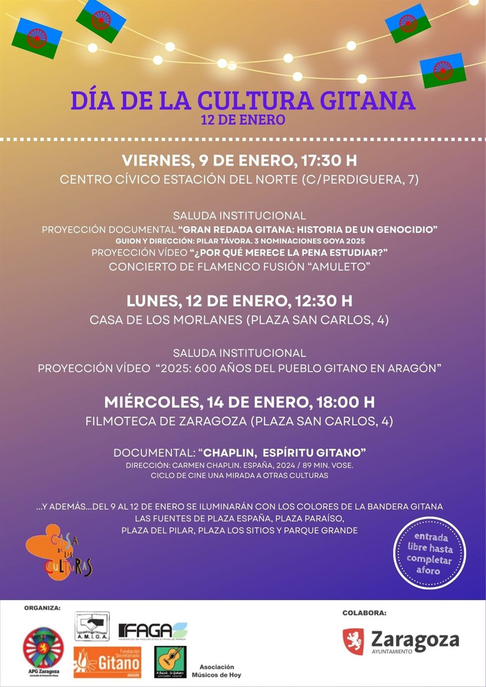 Cartel con la programación para celebrar el Día de la Cultura Gitana en Zaragoza.