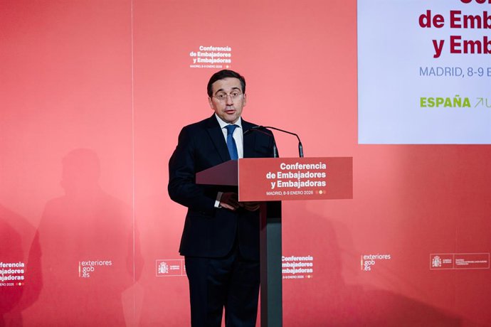 El ministro de Exteriores, José Manuel Albares, durante la Conferencia de Embajadores y Embajadoras de España acreditados en el exterior, en el Ministerio de Asuntos Exteriores, Unión Europea y Cooperación, a 8 de enero de 2026, en Madrid (España). La Con