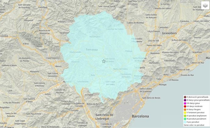 Intensidad del seísmo de magnitud 2,7 registrado esta madrugada en el Vallès Occidental y con epicentro en Sant Quirze del Vallès (Barcelona)
