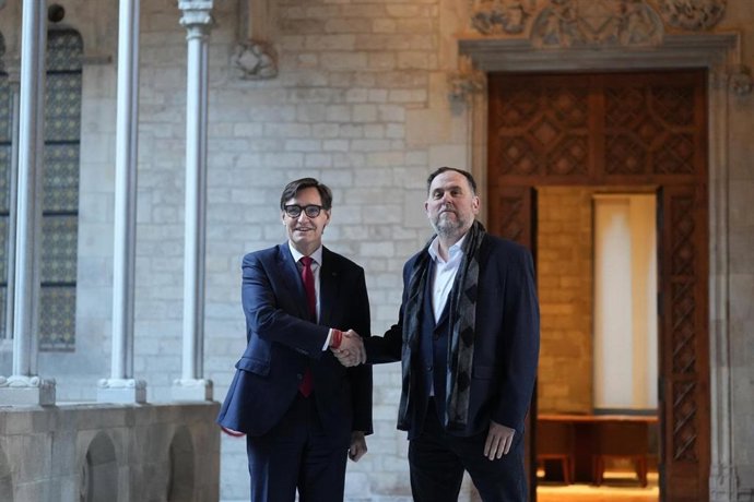 El presidente de la Generalitat, Salvador Illa, y el líder de ERC, Oriol Junqueras, se reúnen en la Generalitat tras el acuerdo de financiación entre el Gobierno central y ERC