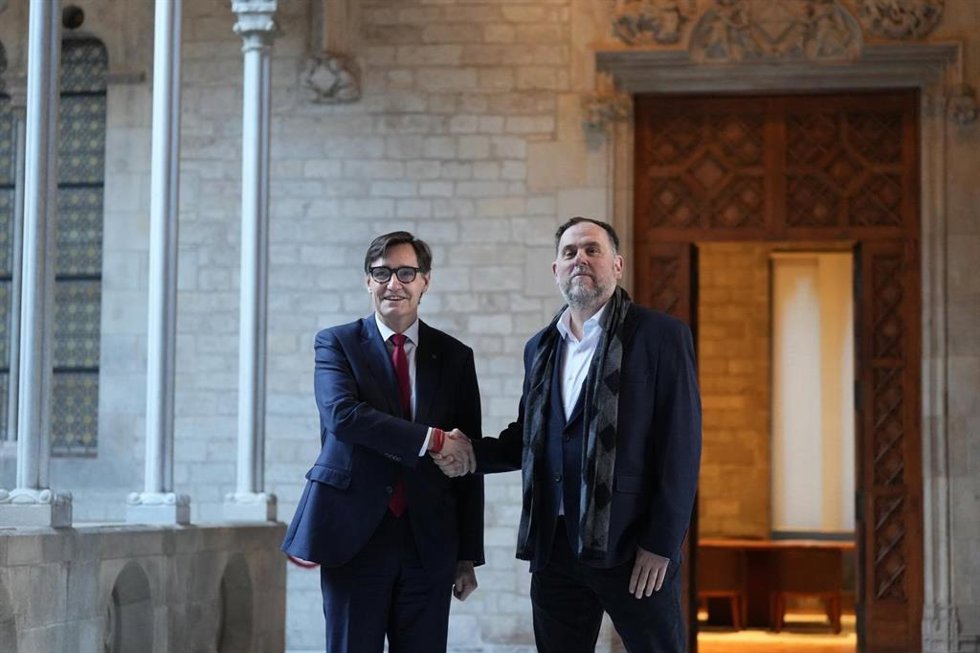 El presidente de la Generalitat, Salvador Illa, y el líder de ERC, Oriol Junqueras, se reúnen en la Generalitat tras el acuerdo de financiación entre el Gobierno central y ERC