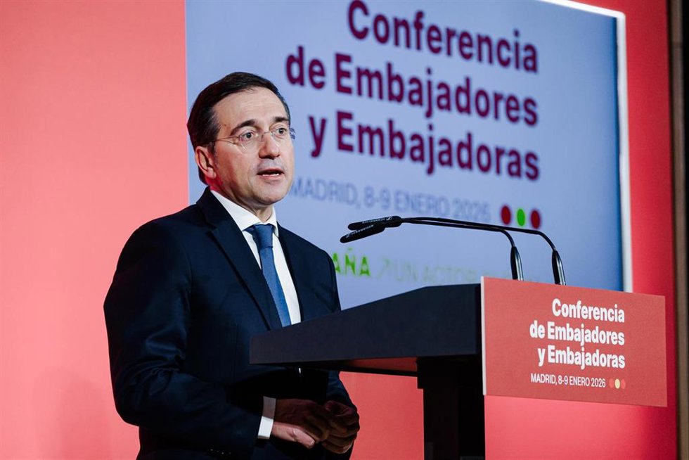El ministro de Exteriores, José Manuel Albares, durante la Conferencia de Embajadores y Embajadoras de España acreditados en el exterior, en el Ministerio de Asuntos Exteriores, Unión Europea y Cooperación, a 8 de enero de 2026, en Madrid (España). La C