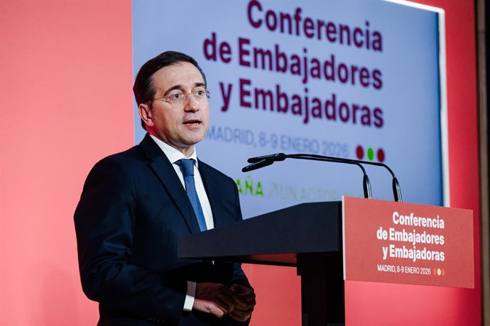 O ministro das Relações Exteriores, José Manuel Albares, durante a Conferência dos Embaixadores e Embaixadoras da Espanha acreditados no exterior, no Ministério das Relações Exteriores, União Europeia e Cooperação, em 8 de janeiro de 2026, em Madri (Espan