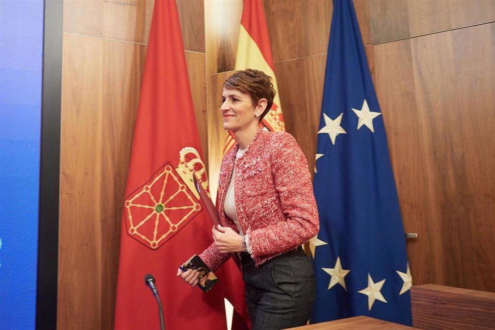 La presidenta del Gobierno de Navarra, María Chivite, en la rueda de prensa en la que anunció la remodelación de su Ejecutivo.