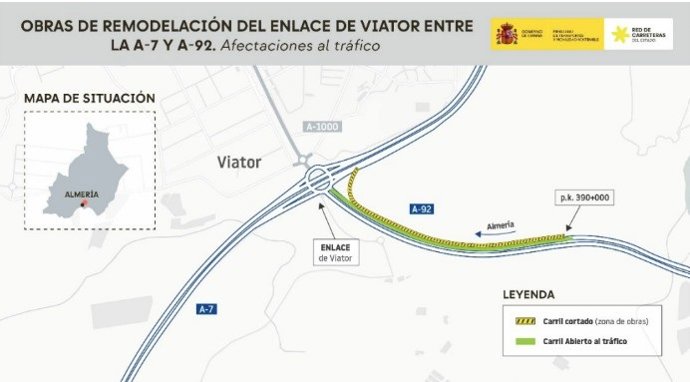 Plano de las afectaciones al tráfico por las obras de remodelación del enlace de Viator (Almería) entre la A-7 y la A-92.