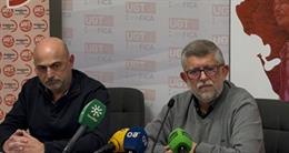 El secretario general de UGT FICA Andalucía, José Manuel Rodríguez Saucedo, y el secretario general este sindicato en Campo de Gibraltar, Antonio Fernández Espinosa, en rueda de prensa.