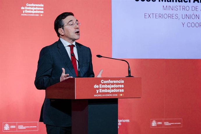 El ministro de Asuntos Exteriores, Unión Europea y Cooperación, José Manuel Albares, durante la clausura la X Conferencia de Embajadores y Embajadoras de España, en el Ministerio de Asuntos Exteriores, Unión Europea y Cooperación, a 9 de enero de 2026, en