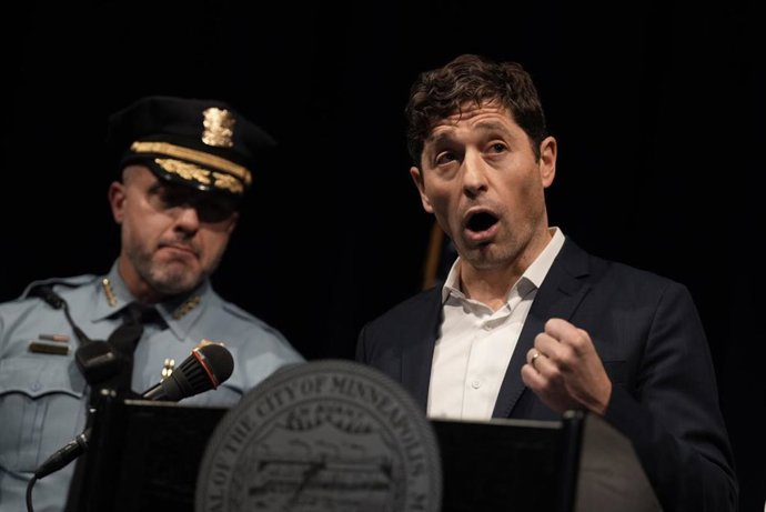 January 7, 2026: Minneapolis Mayor JACOB FREY speaks during a press conference in Minneapolis, addressing the fatal shooting of Renee Good by an ICE agent that took place near East 34th Street and Portland Avenue. Good was described by local officials, in