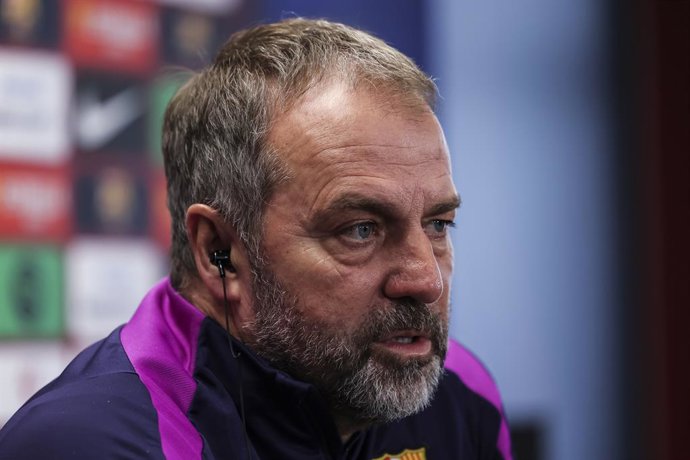 Hansi Flick, head coach of FC Barcelona, attends his press conference during the training day of FC Barcelona ahead the Spanish League, La Liga EA Sports, football match against RCD Espanyol at Ciudad Esportiva Joan Gamper on January 02, 2026 in Sant Joan