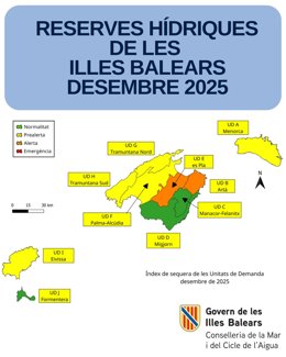 Mapa de las reservas hídricas de Baleares en diciembre de 2025