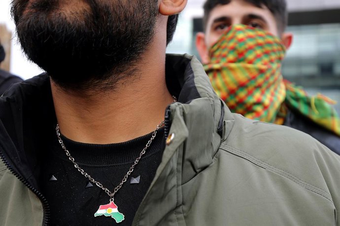 January 10, 2026, Beirut, Beirut, Lebanon: A Kurdish man displaying a necklace showing the map of Kurdistan,  during a protest in front of the UN ESCWA headquarters in Beirut against the Syrian government military operation in Kurdish-held districts of Al