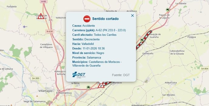 Corte en la A-62 entre Villaverde de Guareña y Salamanca por una colisión entre dos camiones