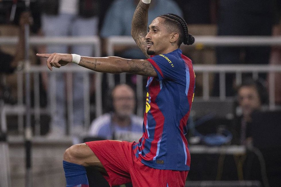 January 7, 2026, Jeddah, Saudi Arabia: Raphinha of Barcelona celebrates after scoring a goal during a Spanish Supercup semi final between Barcelona and Athletic Club at the King Abdullah Sports City stadium, in Jeddah