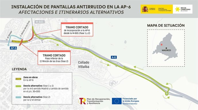 Cortes en el ramal de incorporación de la M-601 a la AP-6 en sentido A Coruña de lunes a viernes por obras