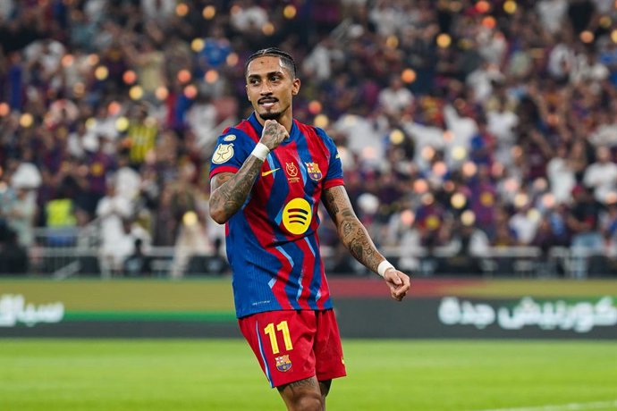 January 11, 2026, Jeddah, Saudi Arabia: Barcelona's Raphael Dias Belloli, known as Raphinha celebrates during the Spanish Super Cup final match between Barcelona and Real Madrid at King Abdullah Sports City. Final score: Barcelona 3 - 2 Real Madrid.