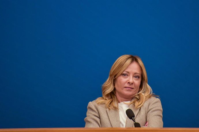 La primera ministra de Italia, Giorgia Melonim durante una rueda de prensa