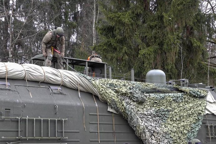 BELARUS - DECEMBER 30, 2025: Servicemen of a unit equipped with an Oreshnik missile system, enter combat duty. Video grab. Best quality available