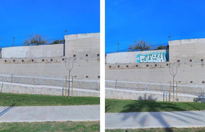 Grafiti eliminado de la plaza Santo Domingo de la Calzada de Palma.