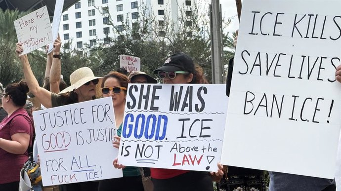January 11, 2026, Orlando, Florida, United States: (EDITORS NOTE: Image contains profanity) Several protesters hold placards against US Immigration and Customs Enforcement (ICE) actions during a demonstraton in front of Orlando City Hall. Nationwide demon