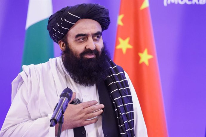 Archivo - Arquivo - O ministro das Relações Exteriores do Afeganistão, Amir Jan Muttaqi, em uma reunião internacional na Rússia.