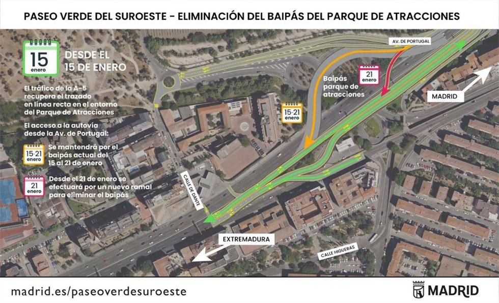 El trazado de la A-5 vuelve desde este jueves a su itinerario original eliminando la curva del Parque de Atracciones