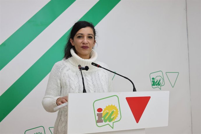 La coordinadora provincial de IU Málaga, Toni Morillas, en rueda de prensa.