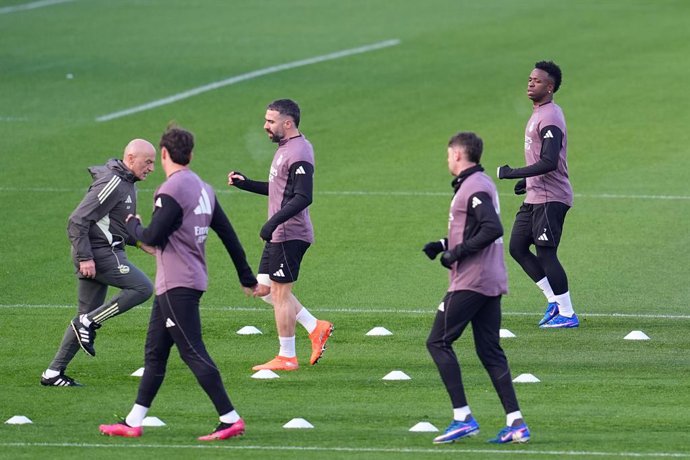 Vinicius Junior during the training day of Real Madrid ahead the Spanish Cup, Copa del Rey, football match against Albacete Balompie at Ciudad Deportiva Real Madrid on January 13, 2026, in Valdebebas, Madrid, Spain.