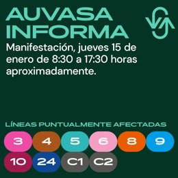 Información de Auvasa sobre las líneas afectadas por la tractorada de este jueves, 15 de enero.