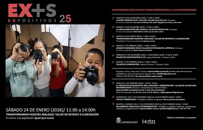 Cartel del taller de retrato e iluminación para niños que acogerá el Palacín de León el 24 de enero.