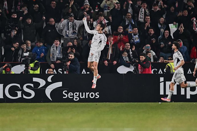 Javi Villar of Albacete Balompie celebrates after scoring his team's first goal during the Spanish Cup, Copa del Rey, Round of 16 football match between Albacete Balompie and Real Madrid at Estadio Carlos Belmonte on January 14, 2026 in Albacete, Spain