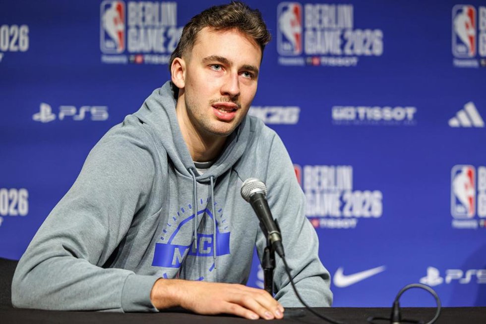 El alero alemán Franz Wagner durante una rueda de prensa con los Orlando Magic