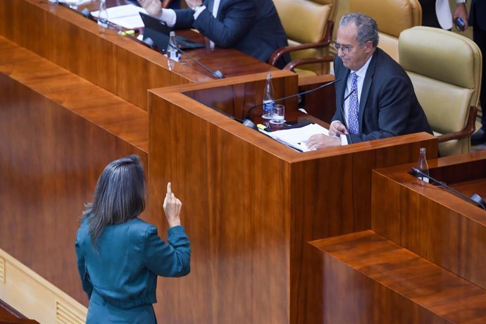 Archivo - La portavoz de Más Madrid en la Asamblea de Madrid, Manuela Bergerot, y el presidente de la Asamblea de Madrid, Enrique Ossorio, durante un pleno de la Asamblea de Madrid.