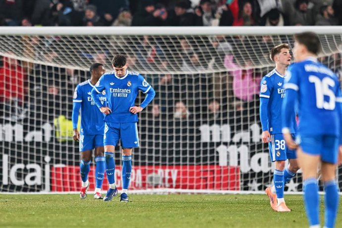 Federico Valverde, do Real Madrid, reage durante a partida das oitavas de final da Copa da Espanha, Copa del Rey, entre Albacete Balompié e Real Madrid, no Estádio Carlos Belmonte, em 14 de janeiro de 2026, em Albacete, Espanha.
