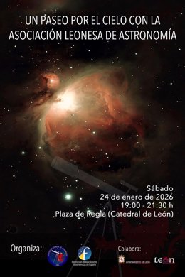 Cartel de la actividad de observación nocturna del cielo el próximo día 24 de enero en la plaza de la Catedral de León.