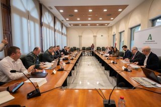 Reunión para la mejora de los accesos de Sierra Nevada en la sede de la Junta en Granada, presidida por la consejera de Fomento, Rocío Díaz, a la derecha en la imagen
