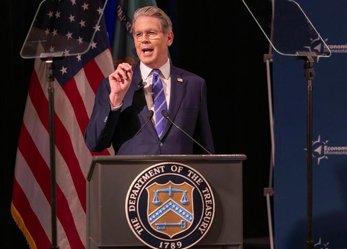 9 de janeiro de 2026: O secretário do Tesouro dos EUA, Scott Bessent, discursa no Economic Club Minnesota, no Metropolitan Ballroom, em Golden Valley, em 8 de janeiro de 2026.