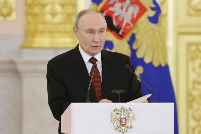 RUSSIA, MOSCOW - JANUARY 15, 2026: Russia's President Vladimir Putin speaks during a ceremony to receive credentials from foreign ambassadors at the Alexander Hall of the Grand Kremlin Palace