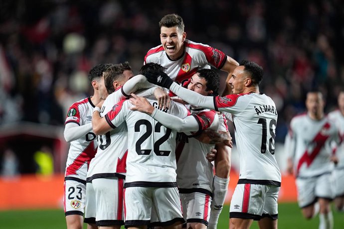 Alfonso Espino of Rayo Vallecano celebrates a goal with teammates during the UEFA Conference League 2025/26 League Phase MD6 match between Rayo Vallecano and FC Drita at Estadio de Vallecas on December 18, 2025, in Madrid, Spain.