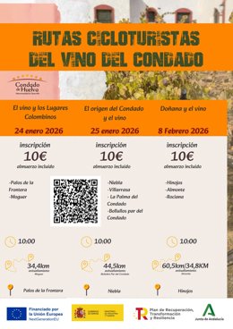 Cartel de las tres rutas cicloturistas del Vino del Condado de Huelva.