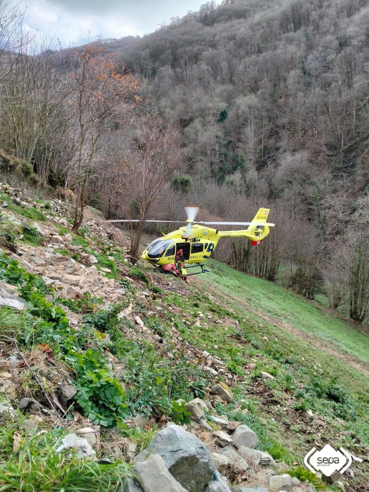 Herido un ganadero en una cuadra de difícil acceso en Brañasivil (Salas)