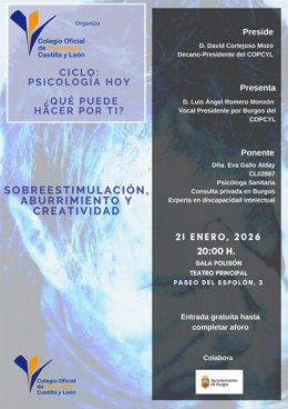 Cartel de la charla 'Sobreestimulación, aburrimiento y creatividad' del COPCyL en Burgos.