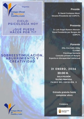 Cartel de la charla 'Sobreestimulación, aburrimiento y creatividad' del COPCyL en Burgos.