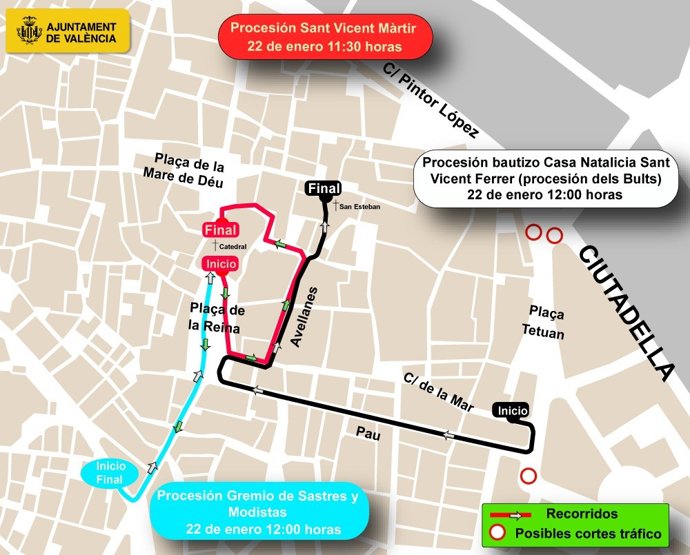 L'Ajuntament de València ordena talls de trànsit i prohibicions d'estacionament pels actes de Sant Vicent Màrtir, dijous que ve 22 de gener.