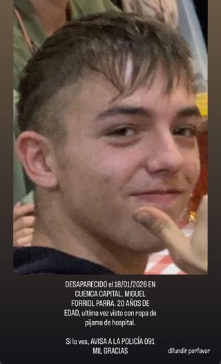 La Policía Nacional activa la búsqueda de Miguel Forriol, joven fugado de la Unidad de Salud Mental del hospital de Cuenca.