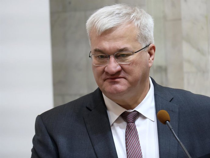 January 15, 2026, Kyiv, Ukraine: Minister of Foreign Affairs of Ukraine Andrii Sybiha is seen during a joint press conference with his Albanian counterpart Elisa Spiropali following talks on bilateral relations, international cooperation, and a shared pat