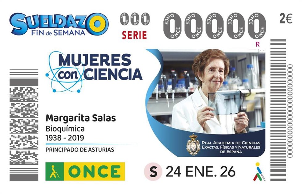 La bioquímica asturiana, Margarita Salas, imagen de uno de los cupones de la ONCE de la serie 'Mujeres con Ciencia' .